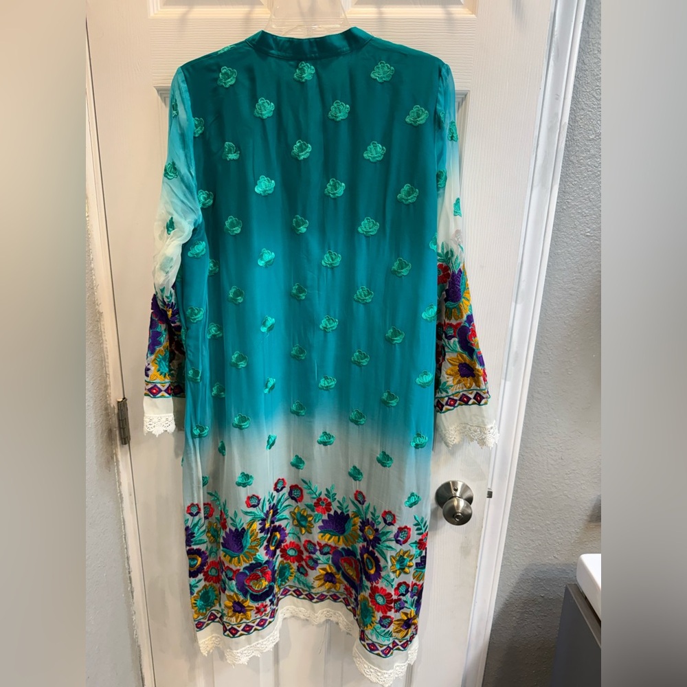Indian Punjabi summer georgette Teal Embroidered Floral Kurta with tights - Picture 4 of 10